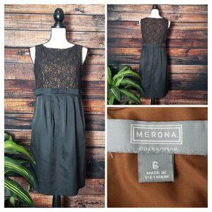 Merona Black Brown Sheath Dress 6 Paper Bag Waist Lace Bodice Zip Back NWOT